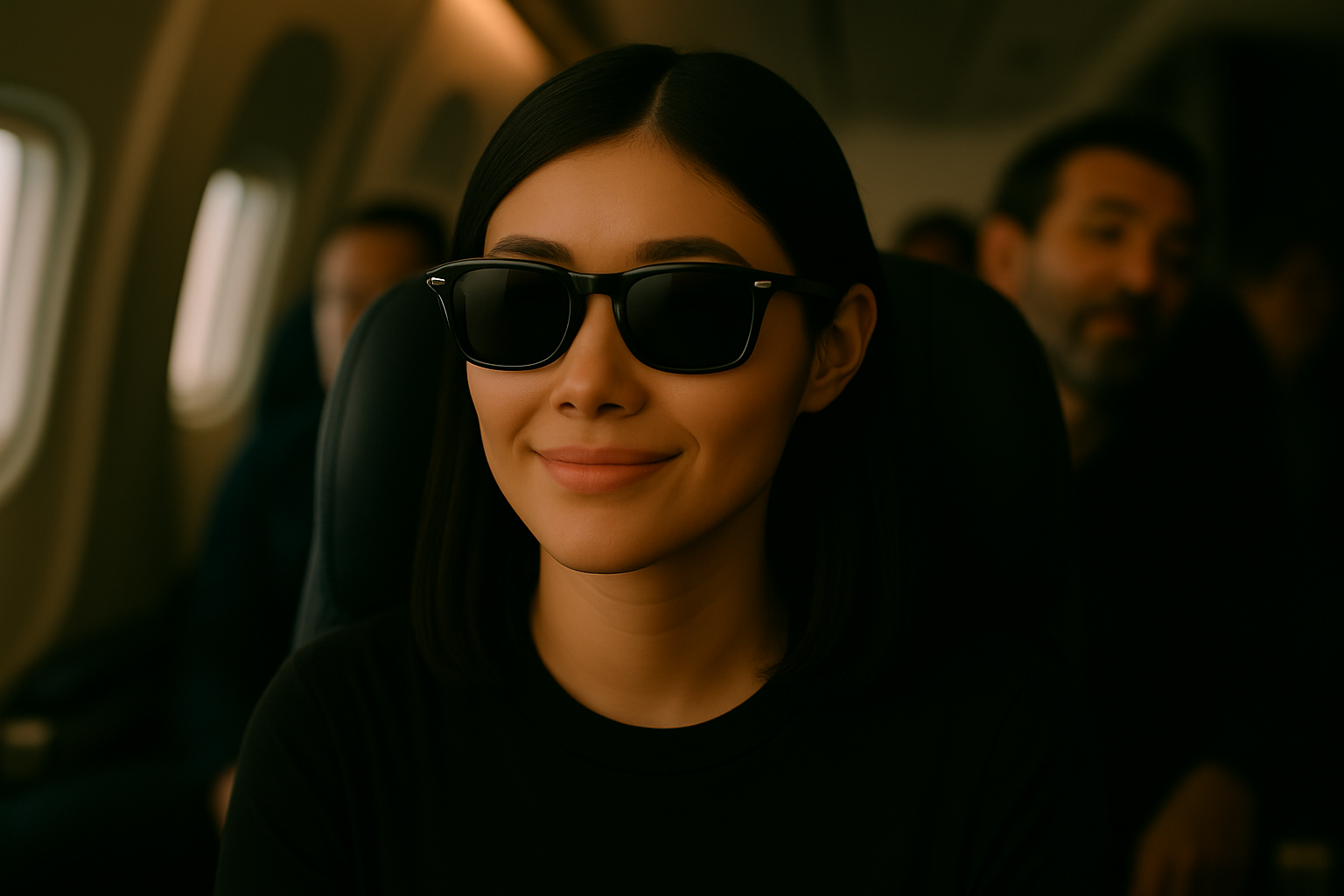 Woman silently communicating with AI during flight